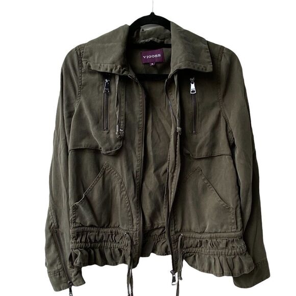 Vigoss Wm’s Sz Sm Olive Green Ruffle Hem Anorak Lightweight Peplum Tercel Jacket - Picture 1 of 4